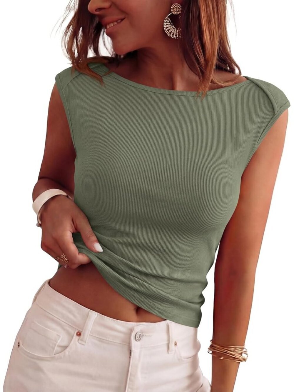 Women's Army Green Ribbed Boat Neck Tank Top Fitted Cap Sleeve